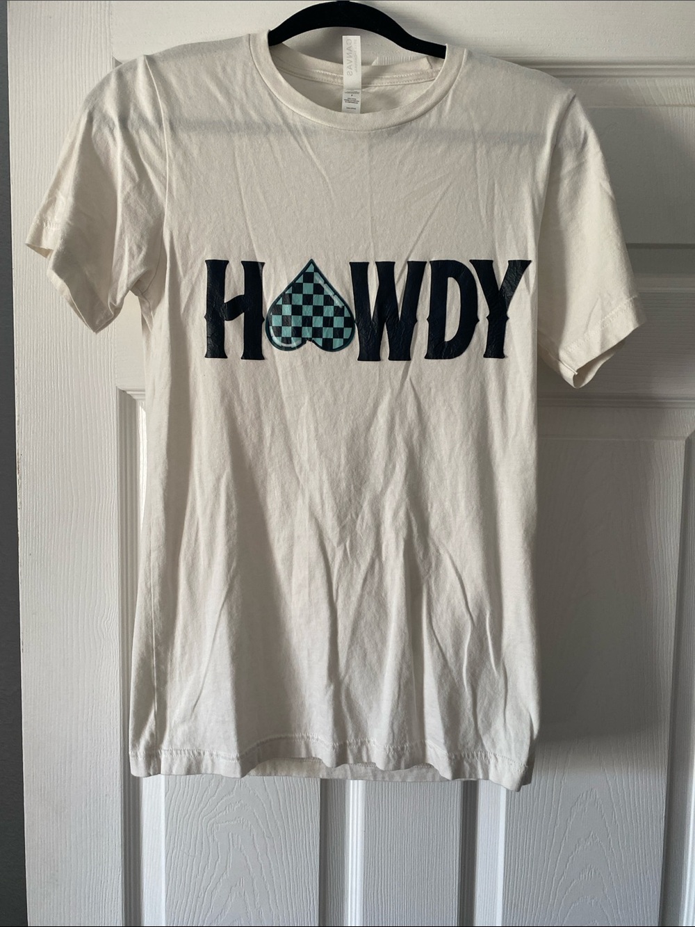 Bella Canvas White Tee with Navy HOWDY Text & Teal Checker Heart